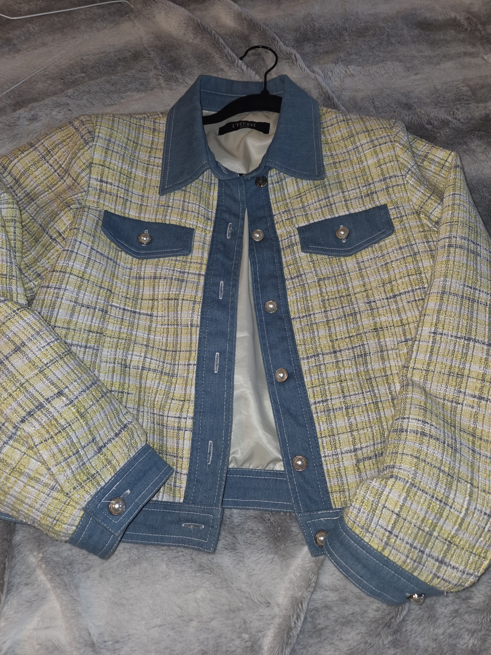 Women's Yellow Plaid Jacket with Denim Trim